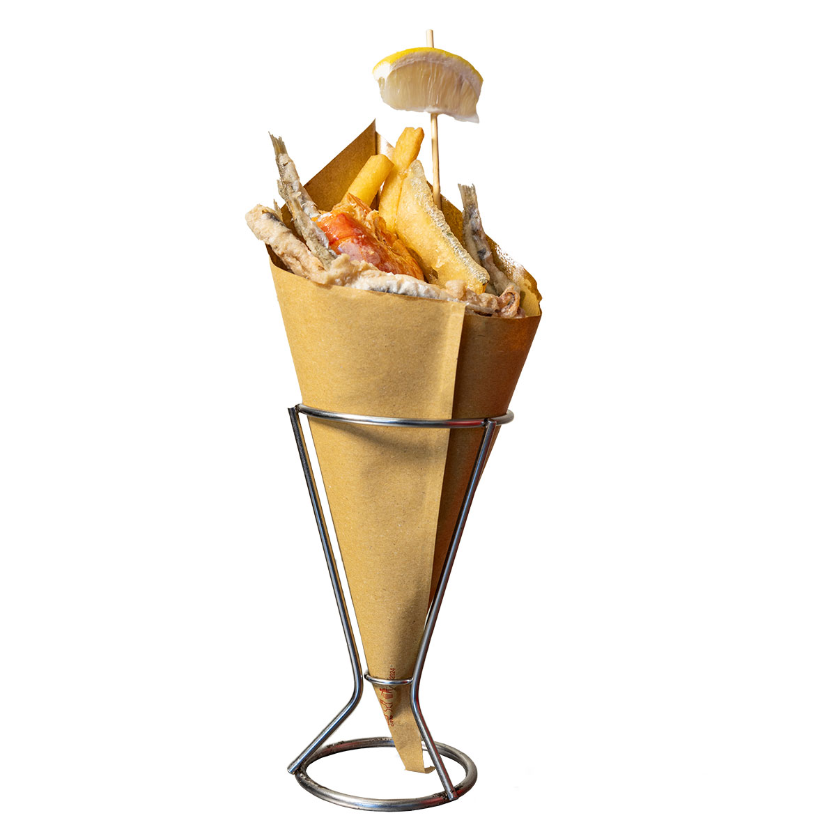 Cono di pesci fritti